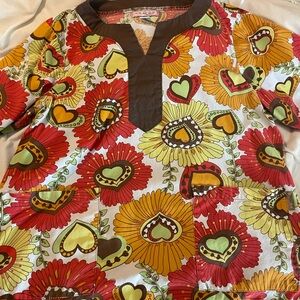 Koi  Heart and Flower Scrub Top - Red, Yellow, Green